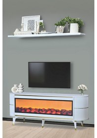 Resim Dekoratif Şömineli TV Sehpası Uygulamalı 7 Renk Hoparlörlü Beyaz Altın Detaylı 160x67x40 CM 