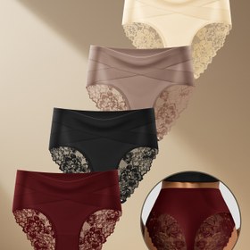 Resim 4 Adet QUASTI Kadın Yüksek Bel İç Çamaşırı - Şık Dantel Detaylı Yumuşak Nefes Alabilen Açık Bej Renkli, Kontrast Dantel Panelli Üçgen Külotlar, 4 Renk (Bej/Kahverengi/Kırmızı/Siyah) - Günlük ve Özel Günler İçin Romantik Üst Destekli İç Giyim 