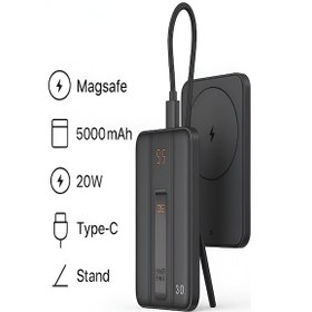 Resim 5000mah 20w Hızlı Şarj Dijital Gösterge Kablosuz Magsafe Powerbank Type-c Kablolu/girişli Standlı siyah 