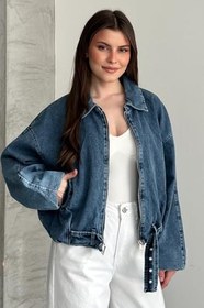 Resim Kadın Oversize Jean Ceket Kemer Detaylı Denim Bomber Kot Ceket 