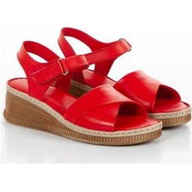 Resim Hakiki Deri Kırmızı Dolgu Topuk Kadın Sandalet Kırmızı 