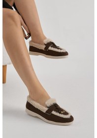 Resim Termo Taban Kürk Detaylı Süet Görünümlü Tokalı Kadın Kahve Günlük Loafer Ayakkabı Tbmhh015 Kahve 