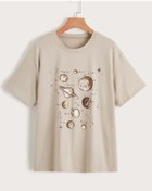 Resim Keywest Büyük Beden 9 Gezegen Isimleri Yazılı Oversize Pamuklu Bej T-shirt 