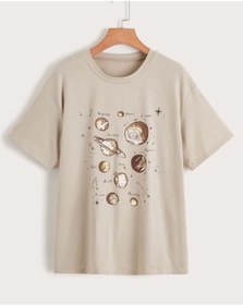 Resim Keywest Büyük Beden 9 Gezegen Isimleri Yazılı Oversize Pamuklu Bej T-shirt 