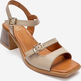 Resim Luvishoes Yolen Bej Cilt Hakiki Deri Kadın Kalın Topuklu Sandalet 