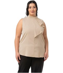 Resim Büyük Beden Yarım Dik Yaka Asimetrik Volanlı Kolsuz Bej Rengi Bluz Bej Rengi Bej 