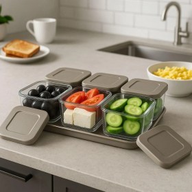 Resim Kapaklı Kahvaltılık Saklama Kabı Seti, 6 Bölmeli, Tepsili, 13 Parça (Krem) 