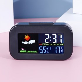 Resim 1 Adet Canlı Renkli Ekranlı Hava Durumu Saati, Gerçek Zamanlı Sıcaklık ve Nem Göstergeli, Alarm Fonksiyonlu & Konfor Göstergesi - Pille Çalışan (Piller Dahil Değildir), Yatak Odası, Öğrenci Evi, Masaüstü, Minimalist Dekor, Sağlam Yapı, Ev Kullanıcıları İçin 