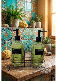 Resim Makri Home Modern Çizgili Yuvarlak Cam Ikili Sıvı Sabunluk & Deterjanlık Seti, Yeşil- 500 Ml Cam Sabunluk 