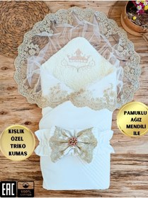 Resim özgürce Yenidoğan Bebek Battaniyesi, Triko Örgü Kuzu, Ekru, Dantelli, Pamuklu 