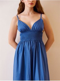 Resim Fiore Viola Kadın Elbise Ayarlanabilir Askılı Beli Lastikli Model Ince Gabardin Kumaş /indigo 