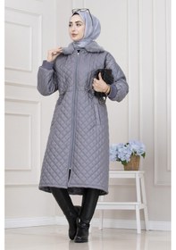 Resim Yakası Kürklü Capitone Mont-gri-5561 Gri 