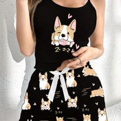 Resim Kadın Pijama Seti, Şirin Köpek Baskısı, Polyester, Casual Stil, Spagetti Askı, Hayvan Deseni, Tüm Mevsim, Bağ Detayı, Yetişkin Knit Kumaş, Ev Lounge Giyimi 