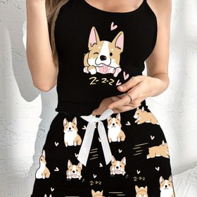 Resim Kadın Pijama Seti, Şirin Köpek Baskısı, Polyester, Casual Stil, Spagetti Askı, Hayvan Deseni, Tüm Mevsim, Bağ Detayı, Yetişkin Knit Kumaş, Ev Lounge Giyimi 
