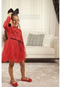 Resim Kız Bebek-çocuk Uzun Kollu Doğum Günü Ve Özel Günler İçin Kalpli Tüllü Astarlı Elbise Kırmızı 