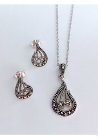 Resim Gümüş Markazit Taşlı Otantik Lale Tasarım Kadın Set Kolye Küpe 