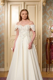 Resim Lenta Wedding Beyaz Üç Boyutlu Gül ve tüy Detaylı Saten Maxi Boy Helen Gelinlik 
