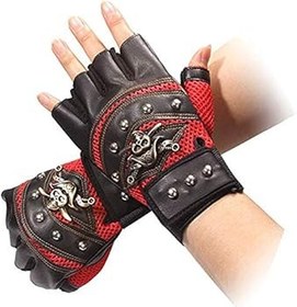 Resim Motosiklet Eldivenleri, 1 Çift Suni Deri Perçinler Korsan İskelet Eldivenleri Punk Yarım Parmak Eldivenleri Erkek Eldivenleri Motosiklet Açık Hava Sporları için 
