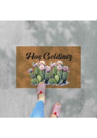 Resim Renkli Kaktüsler Temalı Coco Görünümlü Dekoratif Kapı Önü Ve Iç Mekan Paspası Yıkanabilir Nem Alıcı Bej 