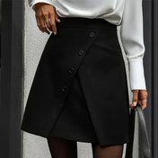 Resim Kadınların şık yüksek bel A-Line mini eteği, ön düğme detaylı - Esnek polyester karışımı, düz siyah, tüm mevsimler için şık ve rahat ofis ve günlük giyim, yüksek bel etek, ofis eteği, şık görünüm, dayanıklı kumaş 