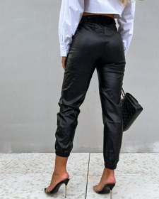 Resim Kadın Pantolon Paçası Lastikli Deri Pantolon (kemersiz) - Siyah / L-XL 