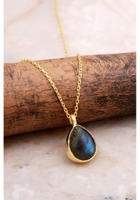 Resim Doğal Labradorit Taşlı Damla Mini Altın Yaldızlı Gümüş Kolye 7735 