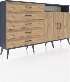 Resim Arges Konsol 2 Raflı 5 Çekmeceli 2 Kapaklı 176x30x99 Antrasit-çam Atlas Çam/atlas Çam - Antrasıt 