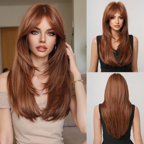 Resim Kadınlar için Şık 60.96 cm Uzun Düz Kırmızımsı Kahverengi Katmanlı Sentetik Peruk, Yüksek Sıcaklık Lif, Gül Ağlı Kap, Çok Yönlü Günlük Kullanım, Peruk Aksesuarları 