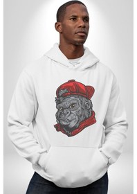 Resim Kırmızı Şapka Maymun Kadın Erkek Beyaz Kapüşonlu Sweatshirt Hoodie Beyaz 