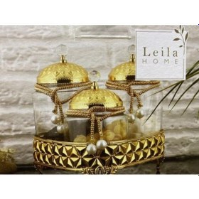 Resim Leila 3 Lü Altın Kapaklı Söz Kavanozu Seti Çay-kahve-şeker Sunum Seti Altın - Şeffaf 