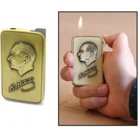 Resim Güneş Avm Kişiye Özel Atatürk Temalı Eskitme Bronz Renk Manyotorlu Metal Çakmak 