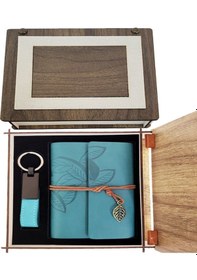 Resim Özel Ahşap Kutulu Mavi Deri Defter Ve Anahtarlık Set 