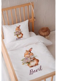 Resim %100 Pamuk Saten Isme Özel Isimli 100x150 Bebek Yatak Nevresim Seti Sincap 