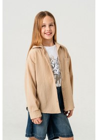 Resim Kız Çocuk Tek Cepli Gömlek T-shirt İkili Takım 1802 Bej 