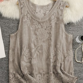 Resim Nakışlı - Yaka Yaka, Geometrik ve Çiçek Nakışlı, Düzenli Kesim Pullover Yelek, Hafif Esneklik ve Polyester Astarlı - Tüm Mevsimler için Zarif Kolsuz Üst 