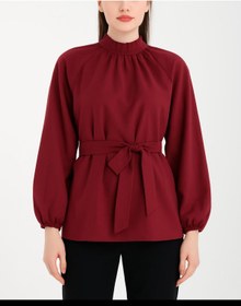 Resim CNG MODA Tesettür Kuşaklı Kol Büzgülü Gömlek 