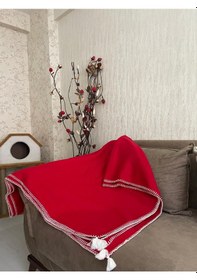 Resim Püsküllü Çoban Dikişli Tek Kişilik Polar Battaniye 150x180 Cm Kırmızı 