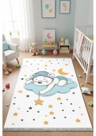 Resim Uyuyan Ayıcık Ve Yıldızlar Çocuk Odası Halısı Beyaz 