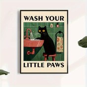 Resim 1 adet "Küçük Patiğinizi Yıkayın" Vintage Siyah Kedi Tuval Posteri - Ev, Mutfak, Banyo, Oturma Odası ve Yatak Odası Dekoru için Şirin Çerçevesiz Duvar Sanatı, Humorlu Hayvan Çizimi, Kedi Dekoru 