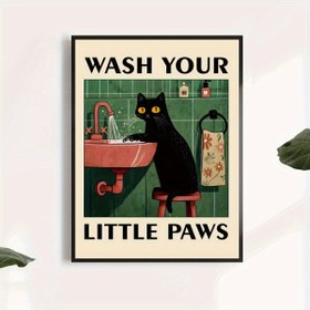 Resim 1 adet "Küçük Patiğinizi Yıkayın" Vintage Siyah Kedi Tuval Posteri - Ev, Mutfak, Banyo, Oturma Odası ve Yatak Odası Dekoru için Şirin Çerçevesiz Duvar Sanatı, Humorlu Hayvan Çizimi, Kedi Dekoru 