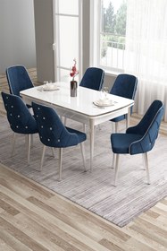 Resim Canisa Tia Serisi 80x132 Açılabilir Mdf Mutfak Masası Takımı Beyaz Masa Krom Detay 6 Lacivert Sandalye 