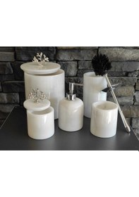 Resim Beyaz Mermer Gümüş Renkli Mercan Aksesuarlı 5'li Banyo Seti Beyaz 