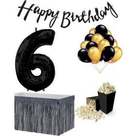 Resim 6 Yaş Siyah Balon Rakam Folyo Banner Mısır Kutusu Masa Eteği Doğ 