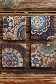 Resim Oscar Stone Decor Renkli Desen Tile Baskılı Doğaltaş Bardak Altlığı Set 4'Lü 4Dsn-171 