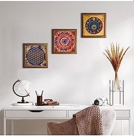 Resim Pinecone Mandala, Yaşam Çiçeği, Nazar Taş Duvar Tablosu - Ahşap Çerçeveli Taş Tablo - 25x25 cm - 3 Parça Set - Dekoratif Duvar Sanatı - Modern Ev ve Ofis Duvar Dekoru W3-374 