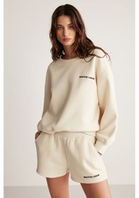 Resim Grimelange Jennıfer Kadın Organik Pamuklu Nakışlı Yuvarlak Yakalı Oversize Vanilya Sweatshirt 