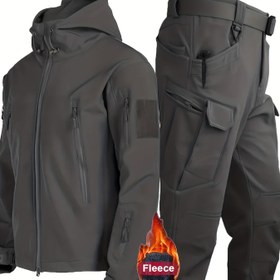 Resim Erkek Rüzgar Geçirmez Polar Kapüşonlu Dış Giyim Takımı, Çok Cep Tasarımı ile Bisiklet, Yürüyüş ve Dağ Aktiviteleri için - Sonbahar/Kış Koleksiyonu (Aksesuarlar Dahil Değil), Kış Spor Ekipmanları 