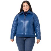 Resim Büyük Beden Yakası ve Eteği Kürklü Fleto Cepli Fermuarlı Saks Mavi Deri Mont-saks Saks Mavi 