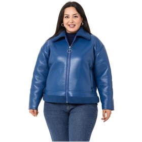 Resim Büyük Beden Yakası ve Eteği Kürklü Fleto Cepli Fermuarlı Saks Mavi Deri Mont-saks Saks Mavi 