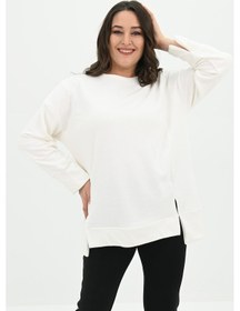 Resim Kadın Büyük Beden Oversize Yırtmaç Detaylı Sweatshirt 1865-25 Ekru 